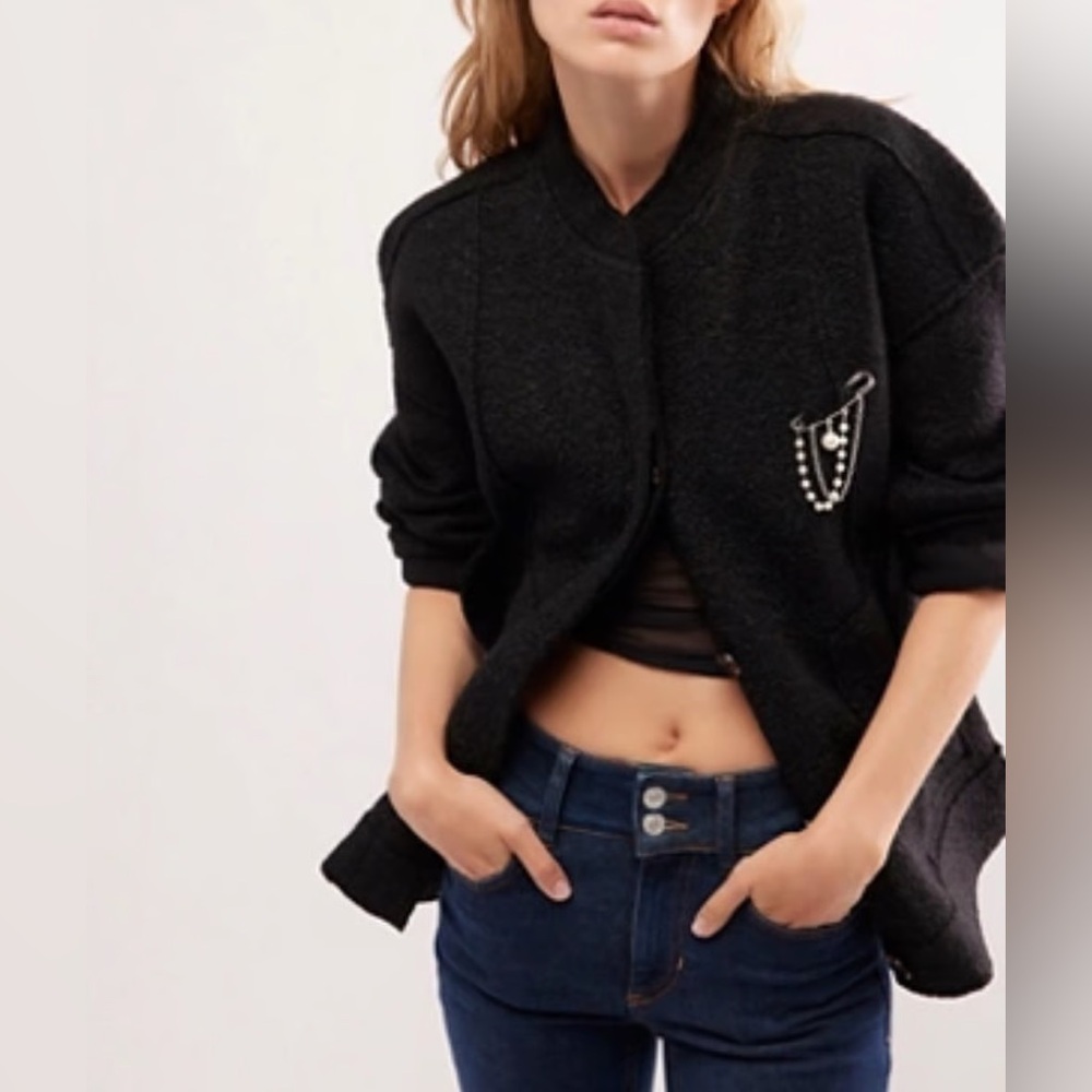 Free People Willow Brooch Black Bomber Jacket Size S